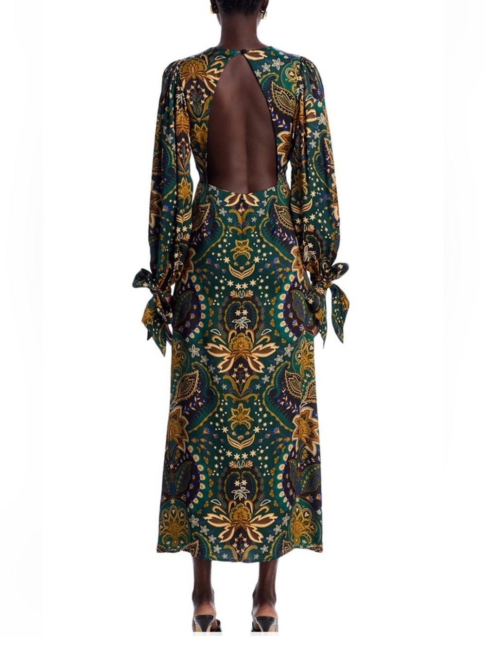 FARM Rio Green and Gold Paisley Open-Back Maxi Dress